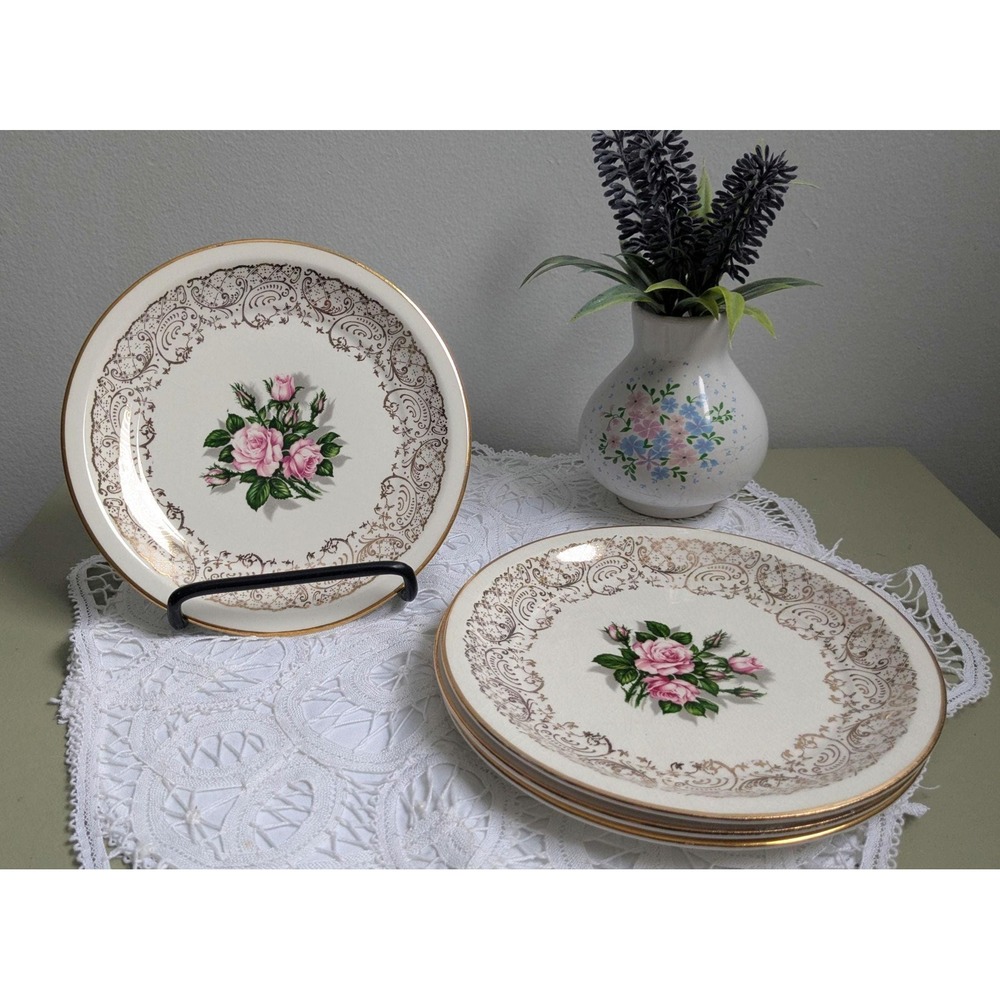 Set of 4 Vintage Tudor Rose Dessert Plates, Floral China Side Plates, Pink Roses